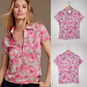 Maeve Anthropologie Knit Floral Jacquard Quarter Zip Top